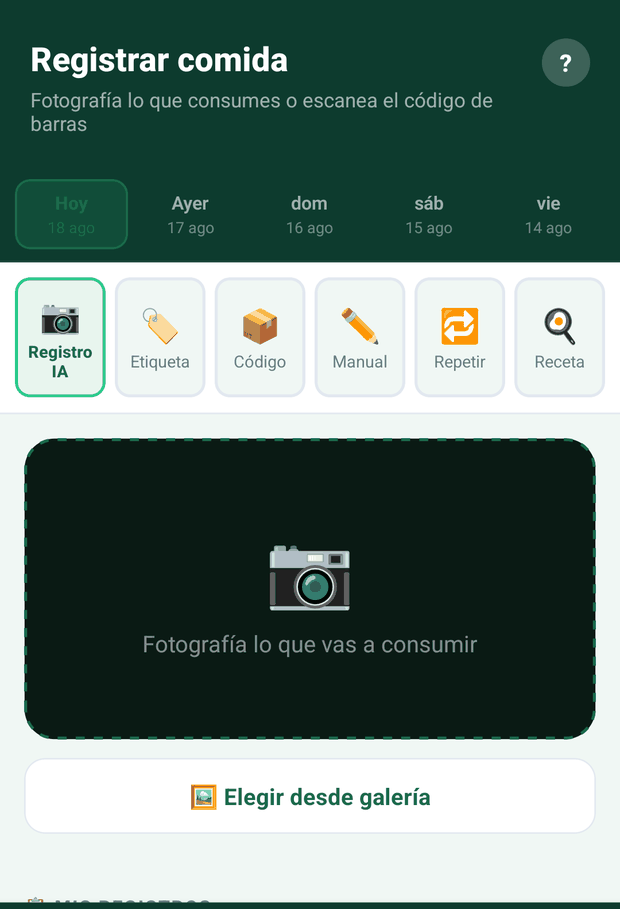 Pantalla Registrar comida de CC Fit, con las seis formas de registro.